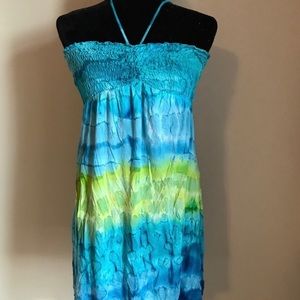 Tie dyed blue and green strapless/ halter dress